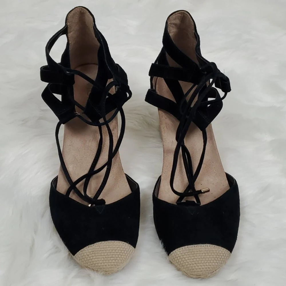 Vionic espadrilles suede black shoes strips women size 9